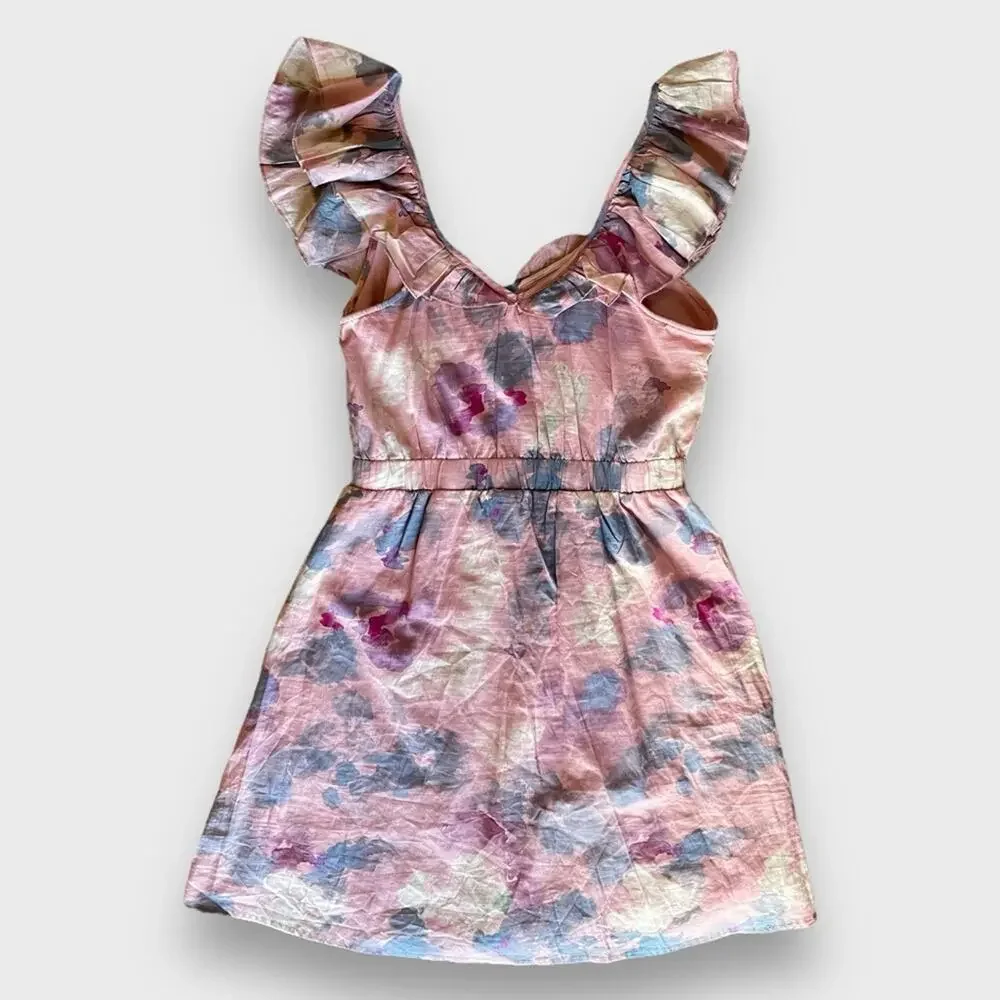 Wildfox NWOT Blair Deep V Ruffle Soft Abstract Watercolor Dress - M - Picture 4 of 12